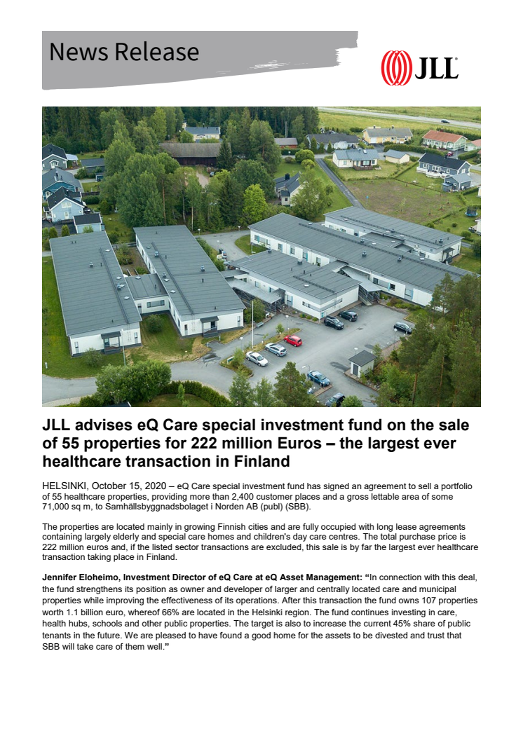 JLL advises eQ Care special investment fund on the sale of 55 properties for 222 million Euros – the largest ever healthcare transaction in Finland