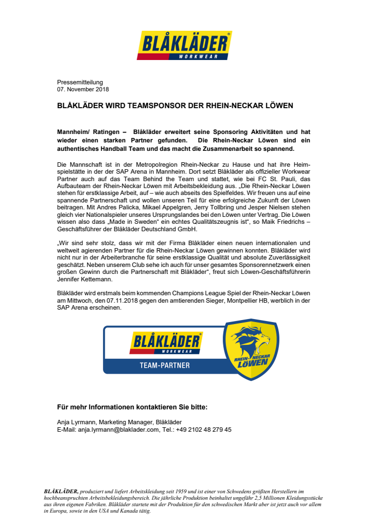 BLÅKLÄDER WIRD TEAMSPONSOR DER RHEIN-NECKAR LÖWEN