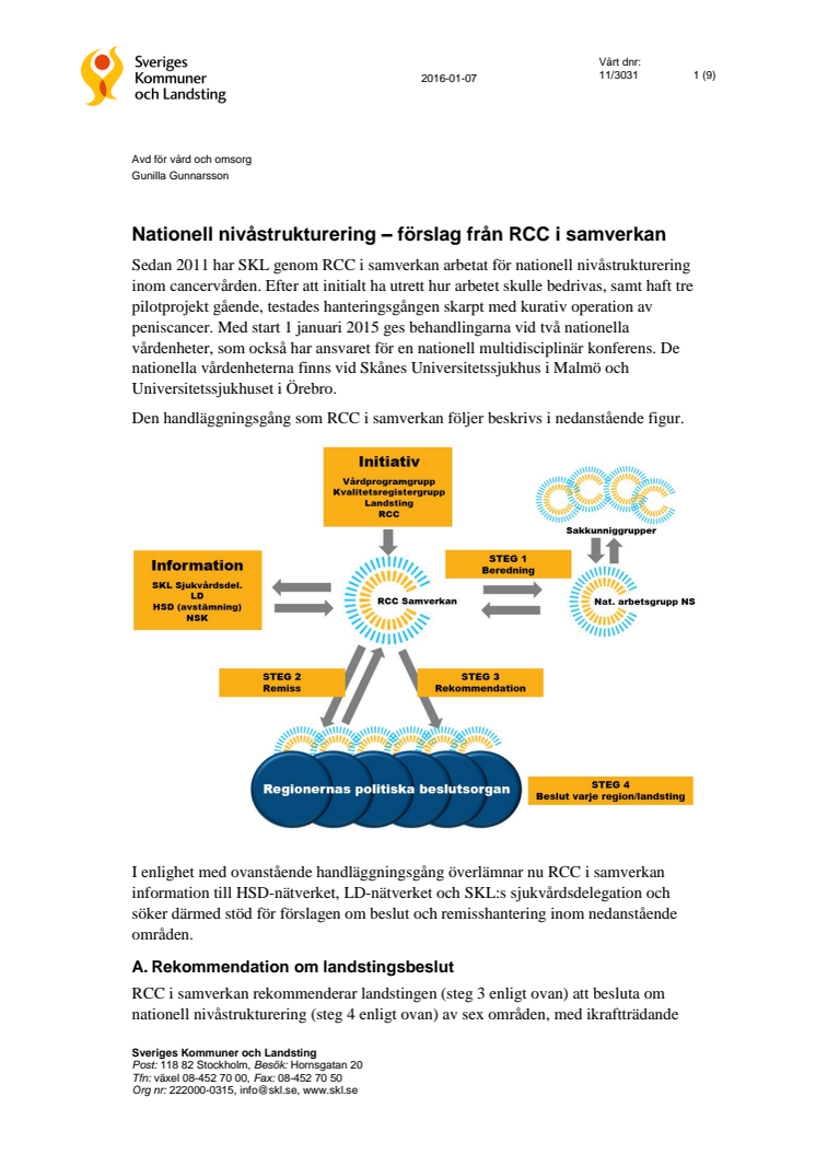 Nationell nivåstrukturering – förslag om koncentration av tolv åtgärder i cancervården, 2016-01-11