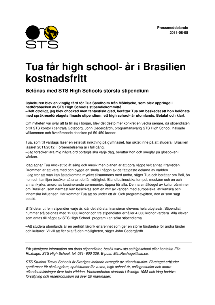Tua får sitt high school- år i Brasilien kostnadsfritt 