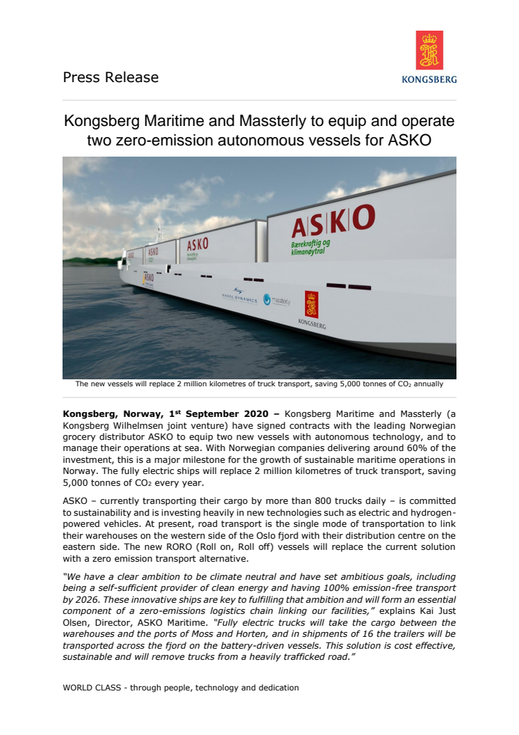 Kongsberg Maritime and Massterly to equip and operate two zero-emission autonomous vessels for ASKO