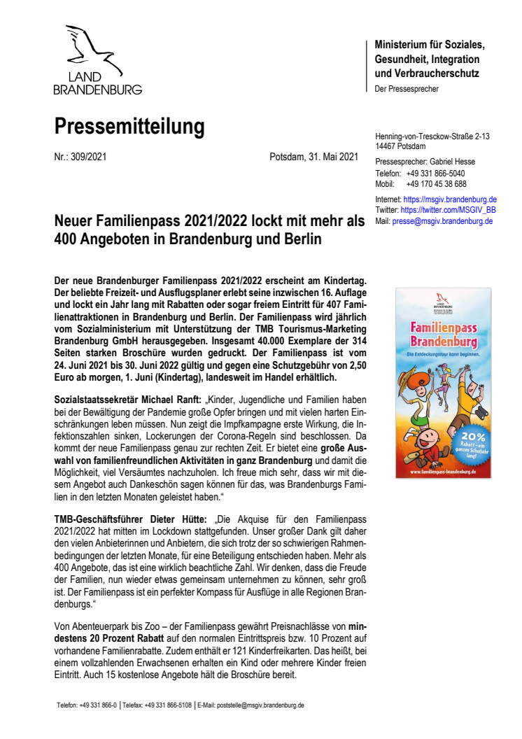 Neuer Familienpass 2021/2022 lockt mit mehr als 400 Angeboten in Brandenburg und Berlin