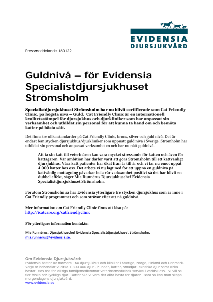 Guldnivå – för Evidensia Specialistdjursjukhuset Strömsholm