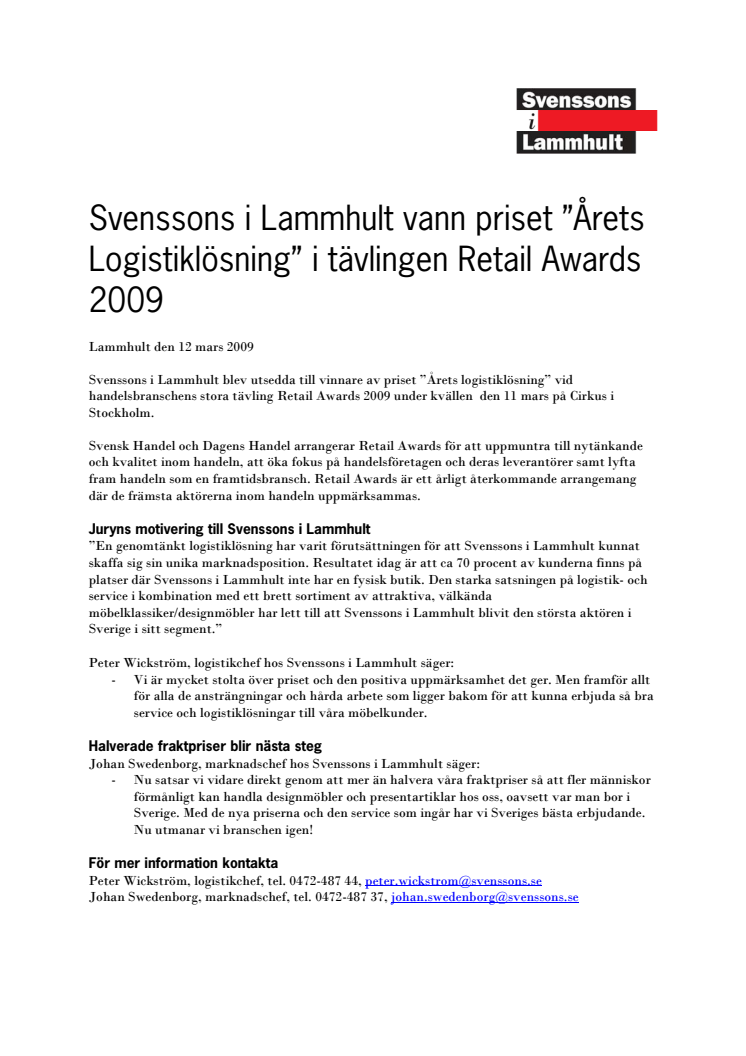 Svenssons i Lammhult vann priset Årets Logistiklösning vid Retail Awards 2009