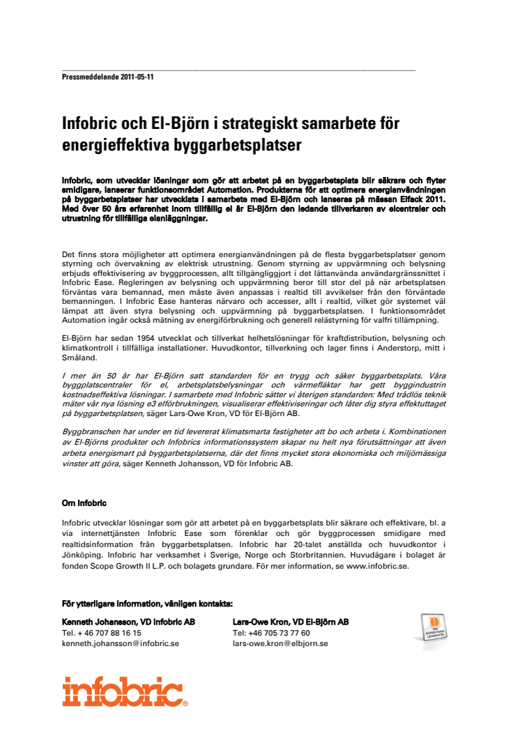 Infobric och El-Björn i strategiskt samarbete för energieffektiva byggarbetsplatser 