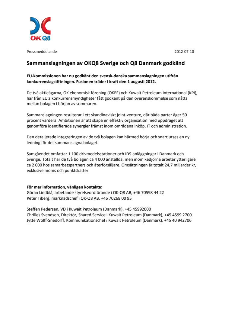 Pressmeddelande: Sammanslagningen av OKQ8 Sverige och Q8 Danmark godkänd