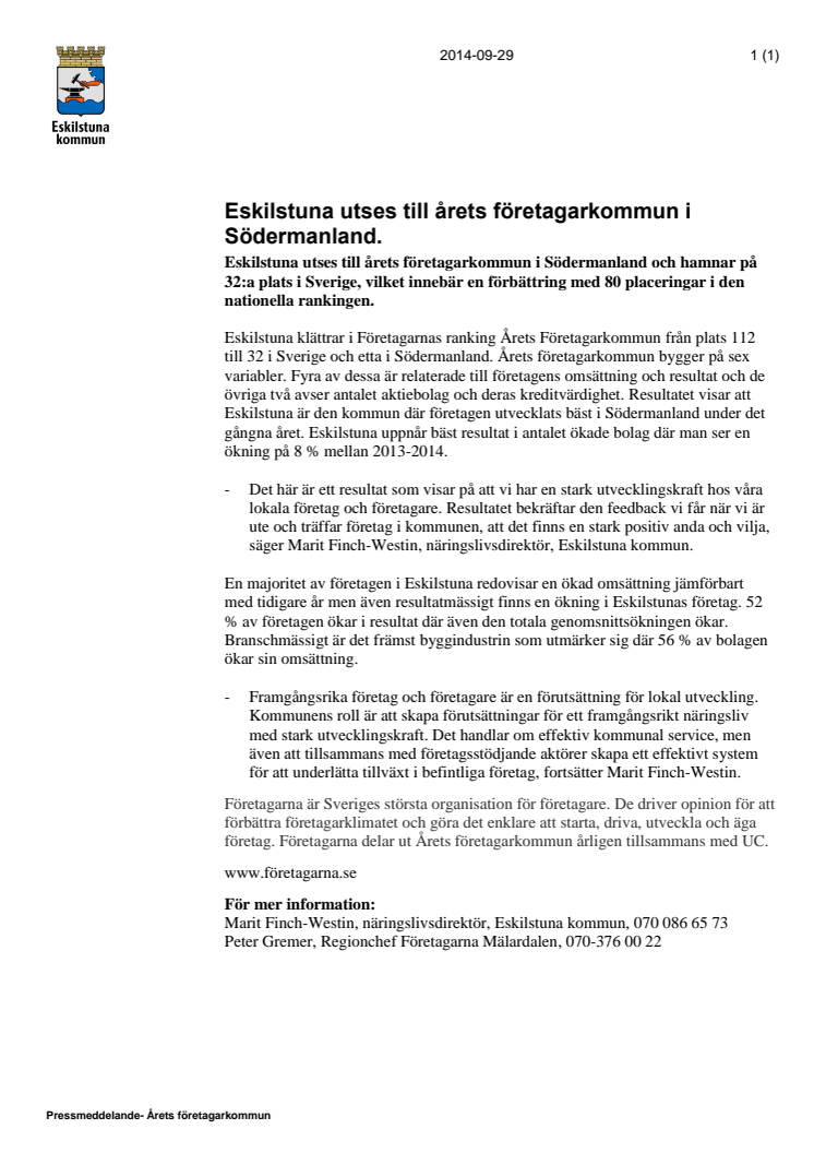 Eskilstuna utses till årets företagarkommun i Södermanland. 
