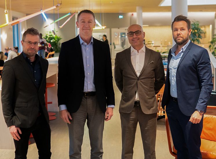 Per Åkesson, Business Area Manager Autonomy Products & Solutions, Hans Torin, vd Combitech, Haval van Drumpt, vd Tre Sverige, Anders Högsell, Head of Carrier Business Scandinavia.