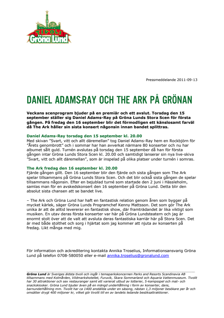 Daniel Adams-Ray och The Ark på Gröna Lund