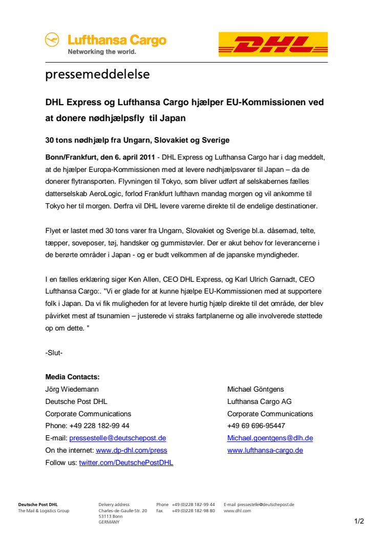 DHL Express og Lufthansa Cargo hjælper EU-Kommissionen ved at donere nødhjælpsfly  til Japan