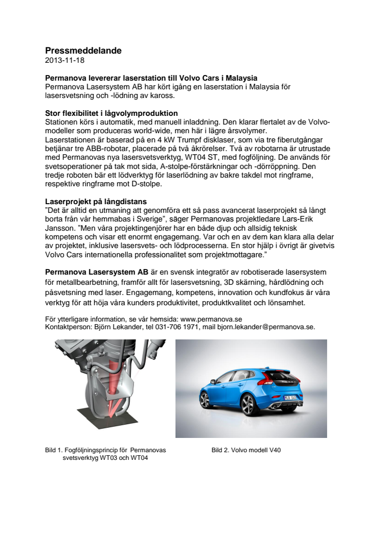 Permanova levererar laserstation till Volvo Cars i Malaysia
