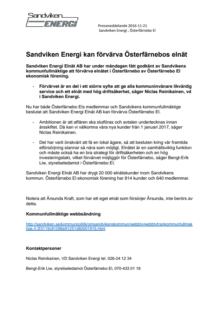 Sandviken Energi kan förvärva Österfärnebos elnät