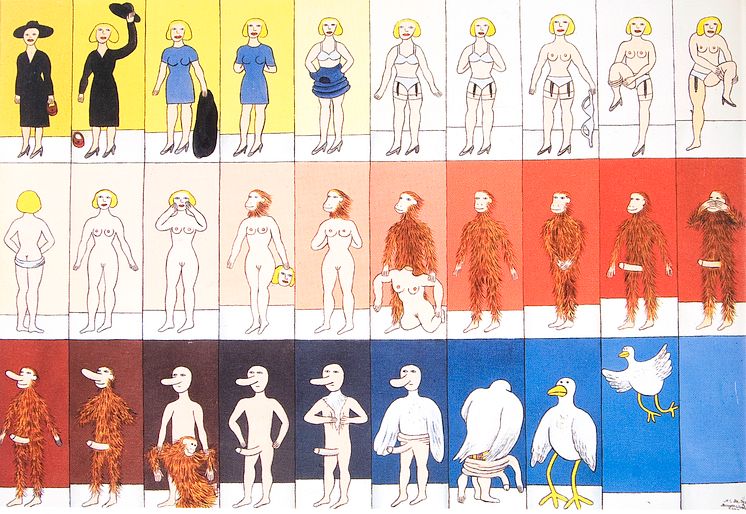 Marie-Louise Ekman, Striptease, 1973, olja på duk, 63 x 90 cm 