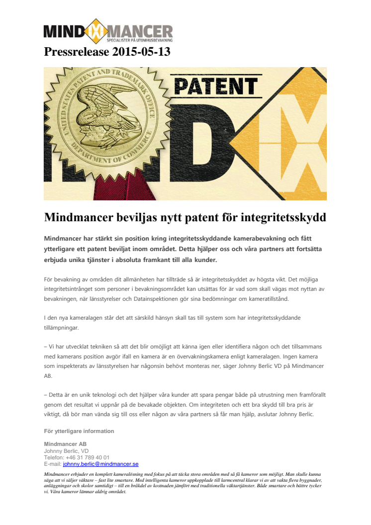 Mindmancer beviljas nytt patent för integritetsskydd