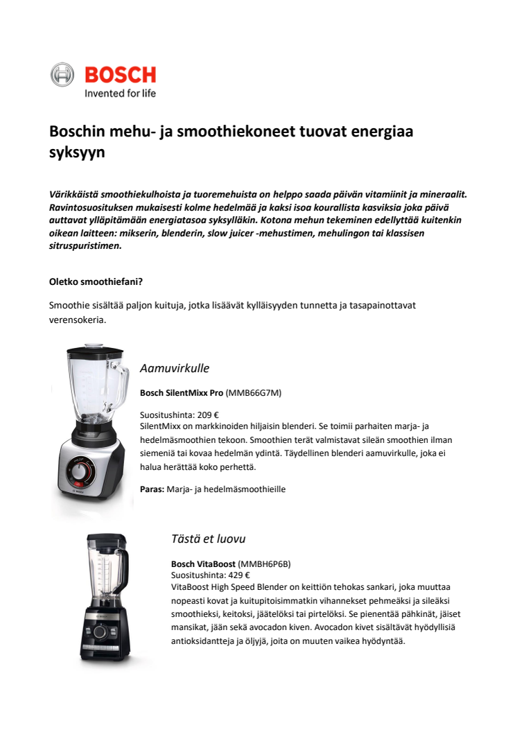 Boschin mehu- ja smoothiekoneet tuovat energiaa syksyyn 