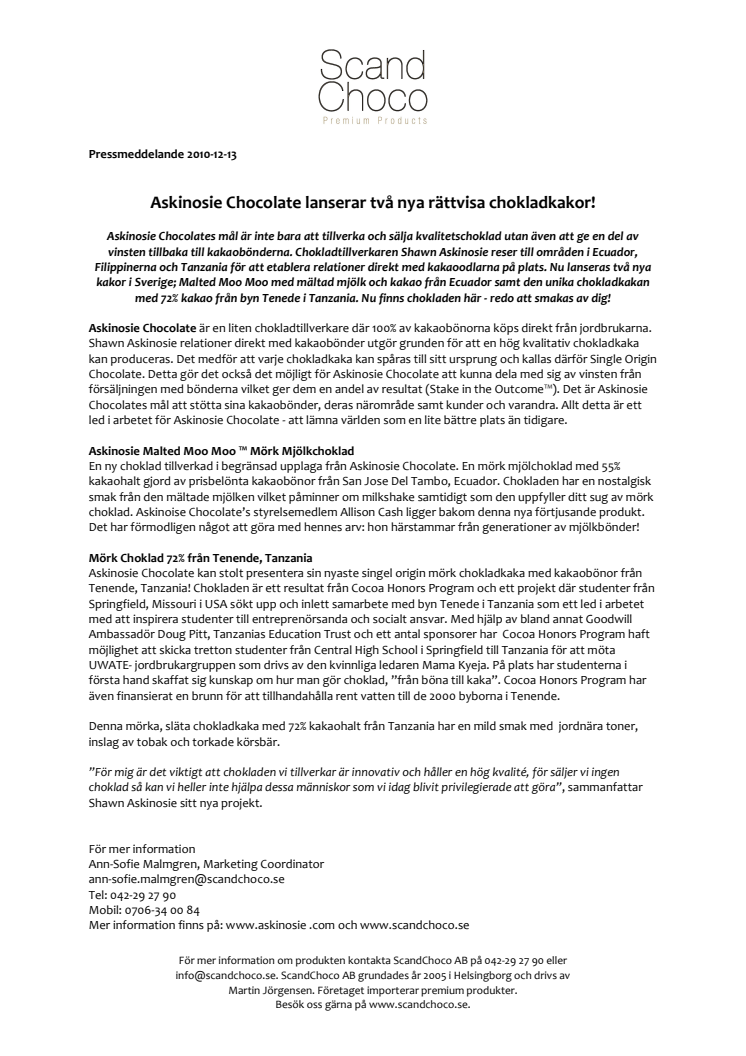 Askinosie Chocolate lanserar två nya rättvisa chokladkakor!
