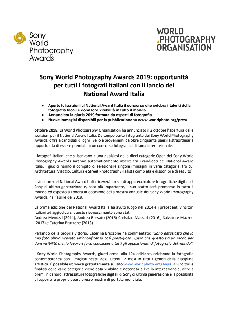 Sony World Photography Awards 2019: opportunità per tutti i fotografi italiani con il lancio del  National Award Italia