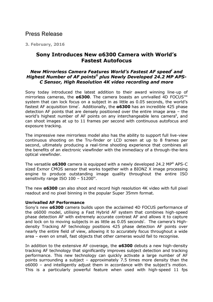 Sony lanserer nye α6300 kamera med verdens raskeste autofokus