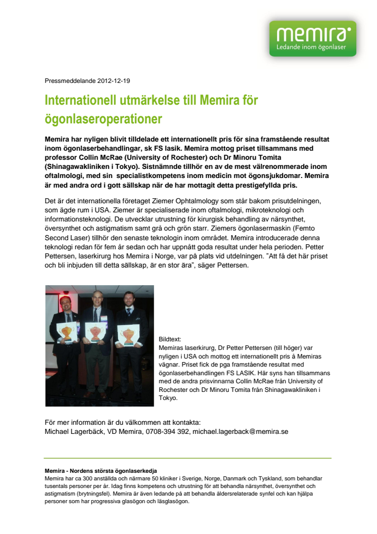 Internationell utmärkelse till Memira för ögonlaseroperationer