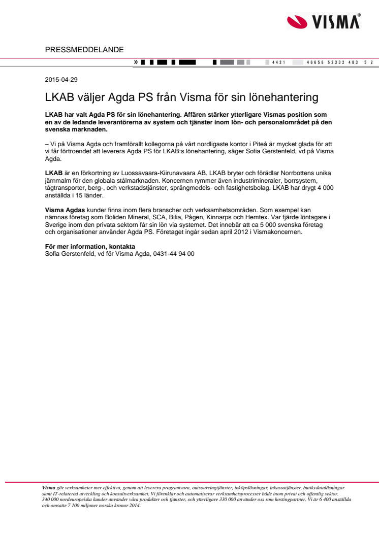 LKAB väljer Agda PS från Visma för sin lönehantering