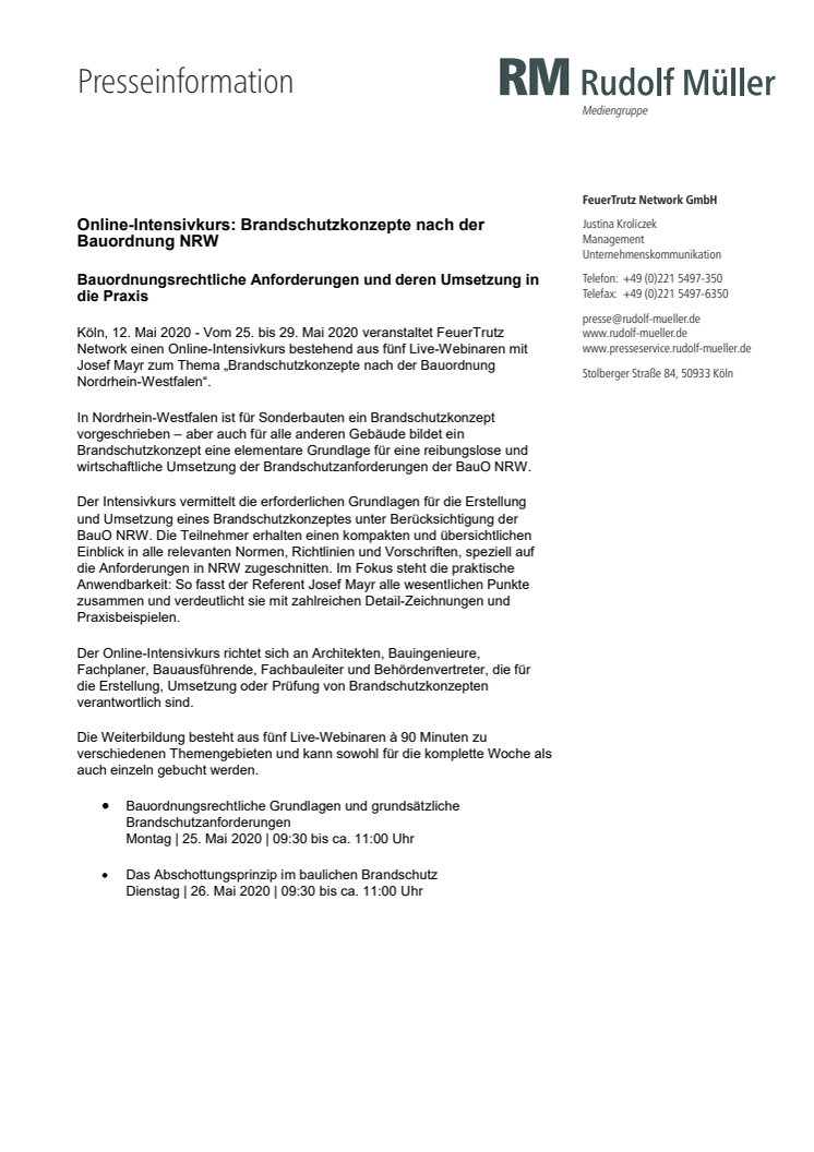 Online-Intensivkurs: Brandschutzkonzepte nach der Bauordnung NRW
