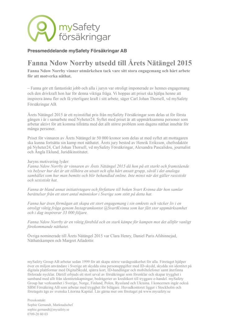 Fanna Ndow Norrby utsedd till Årets Nätängel 2015