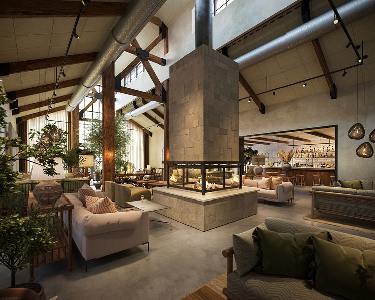Högbo Brukshotells nya spa - Lounge med öppen spis