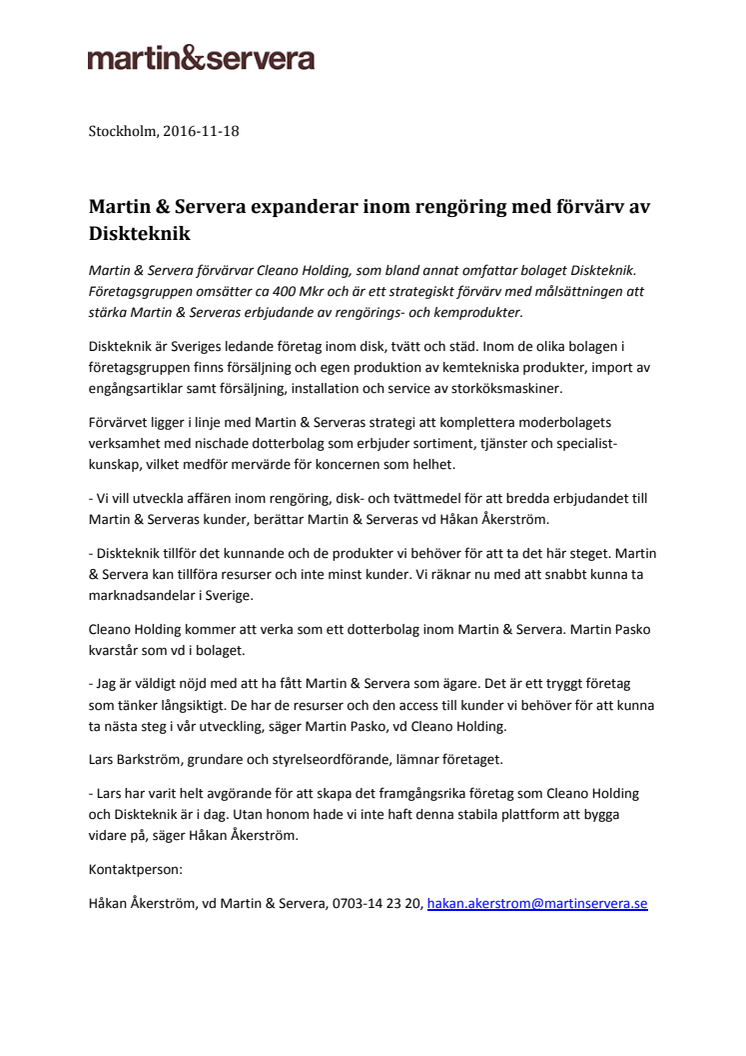 Martin & Servera expanderar inom rengöring med förvärv av Diskteknik