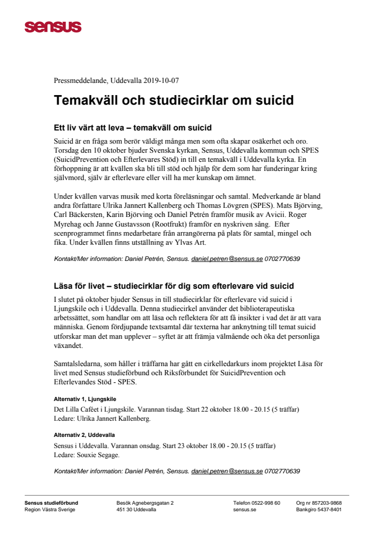 Temakväll och studiecirklar om suicid