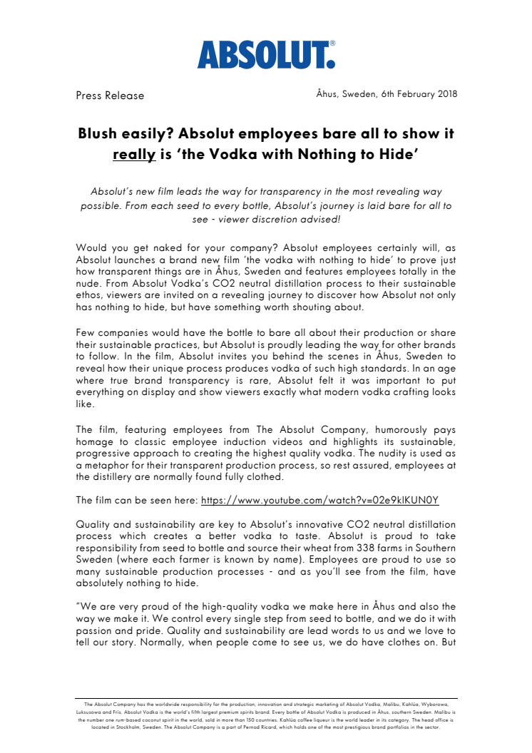 Blush easily? Absolut employees bare all to show it really is 'the Vodka with Nothing to Hide' 