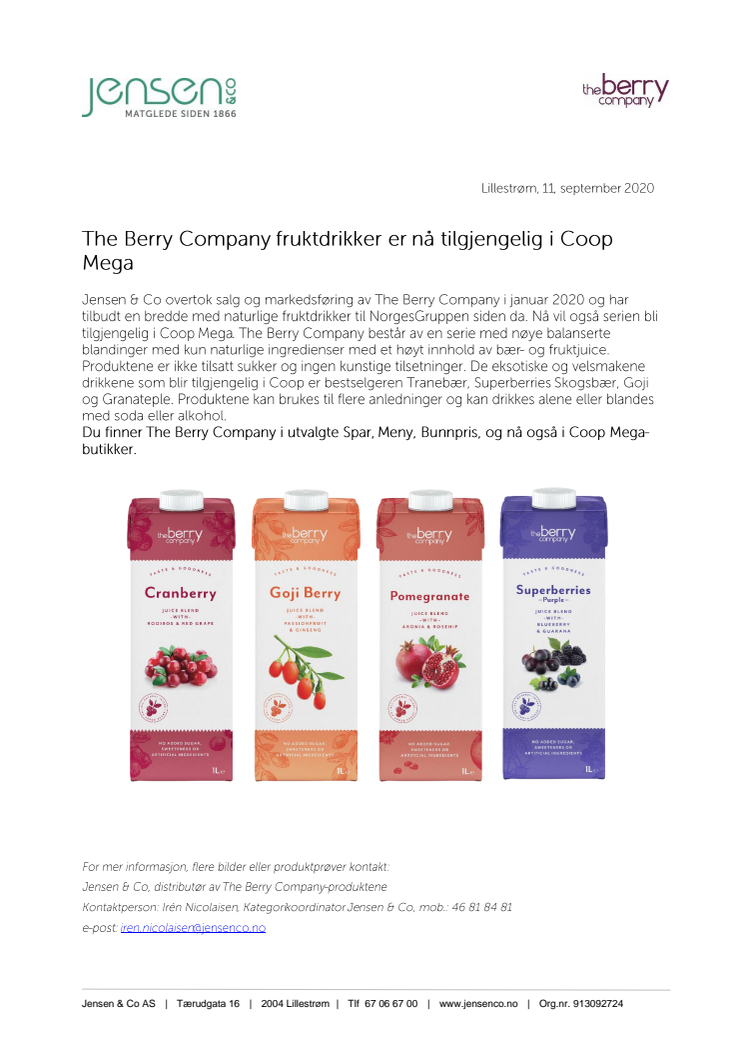 The Berry Company fruktdrikker er nå tilgjengelig i Coop Mega