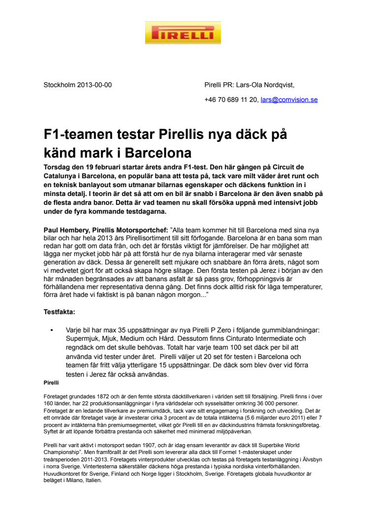 F1-teamen testar Pirellis nya däck på känd mark i Barcelona