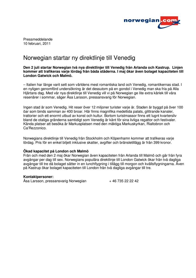 Norwegian startar ny direktlinje till Venedig 