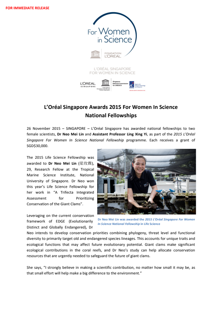L’Oréal Singapore Awards 2015 For Women In Science National Fellowships 