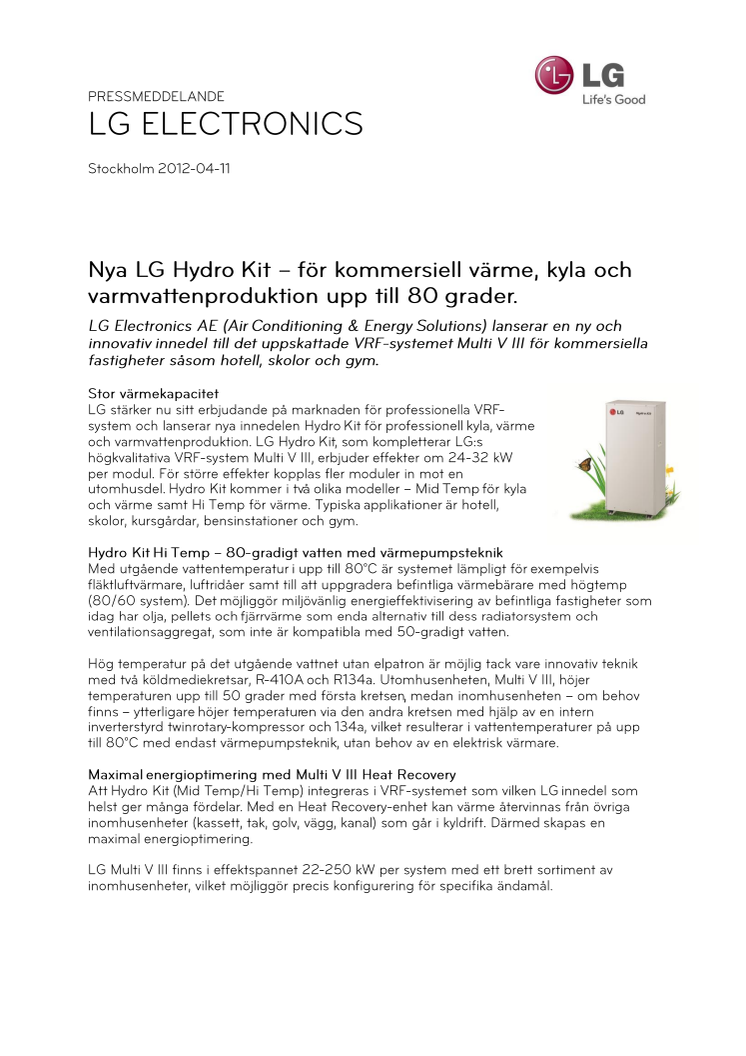 Nya LG Hydro Kit – för kommersiell värme, kyla och varmvattenproduktion upp till 80 grader.