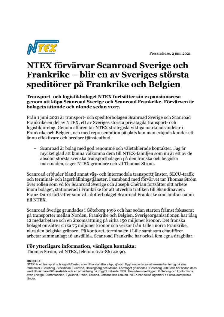 NTEX förvärvar Scanroad Sverige och Frankrike – blir en av Sveriges största speditörer på Frankrike och Belgien