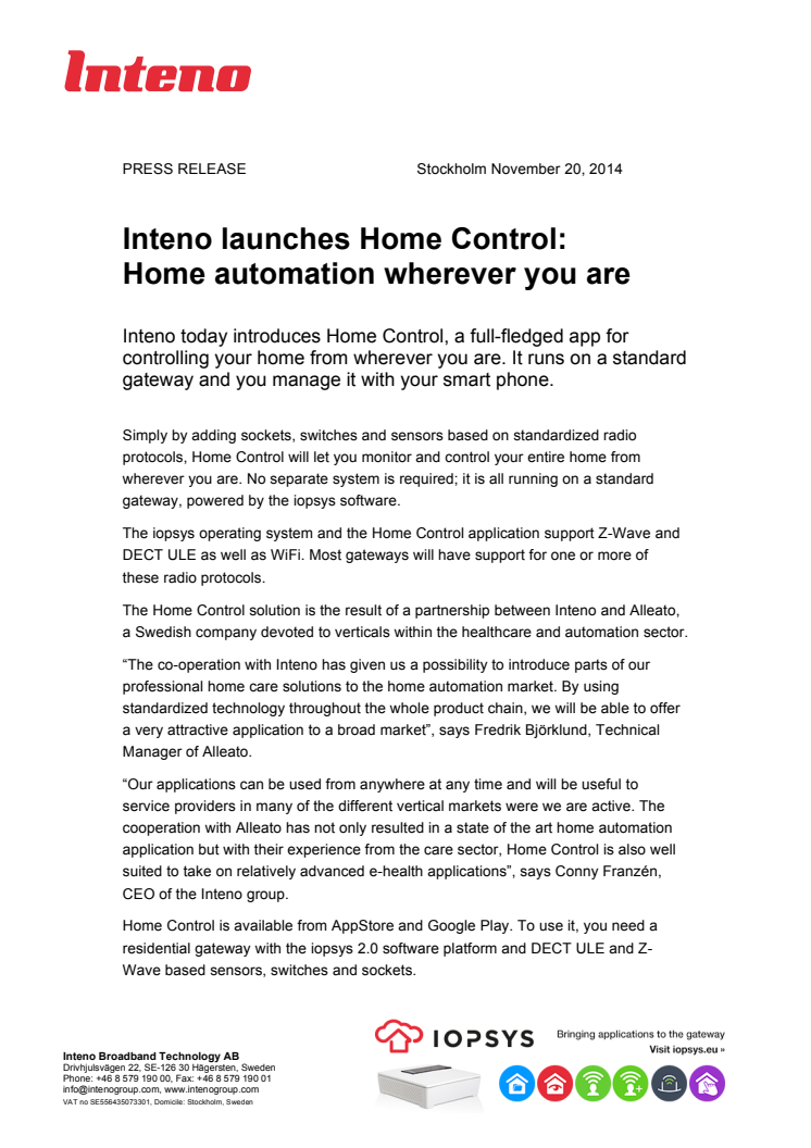 Inteno launches new Home Control: Home automation wherever you are 