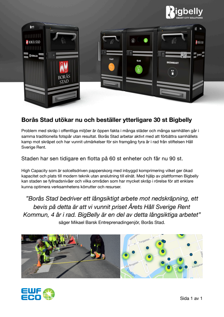 Borås Stad utökar och beställer ytterligare 30 st smarta papperskorgar från Bigbelly