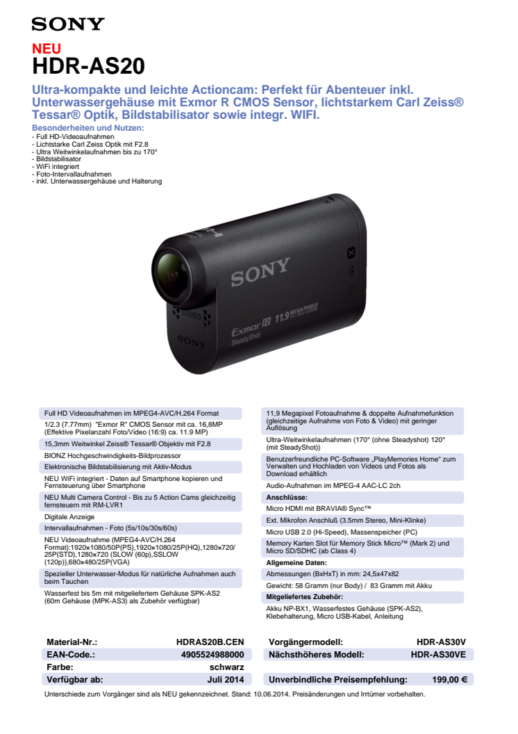 Datenblatt HDR-AS20 von Sony