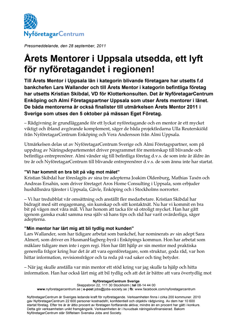 Årets Mentorer i Uppsala utsedda, ett lyft för nyföretagandet i regionen!