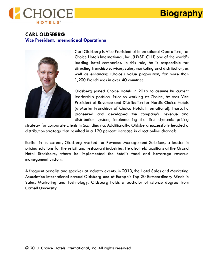 Biography, Carl Oldsberg, Vice President, International Operations