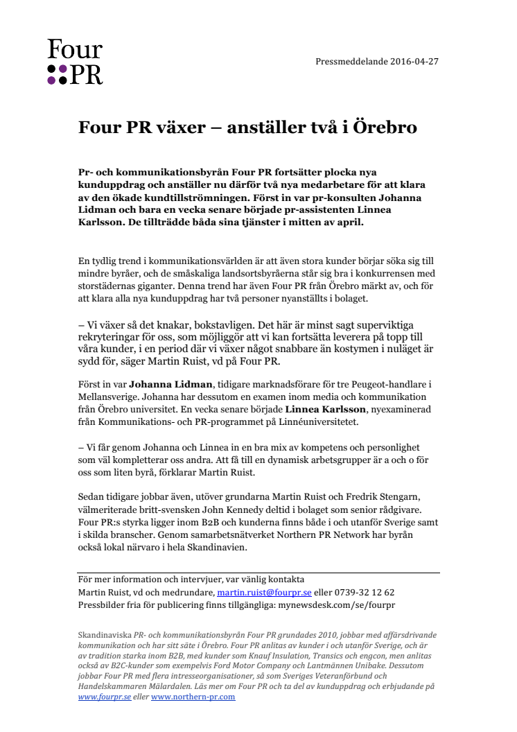 Four PR växer – anställer två i Örebro