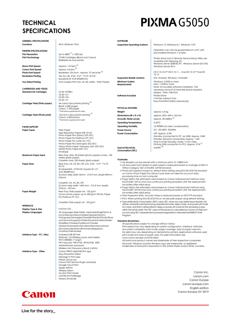 PIXMA G5050 PR Spec Sheet