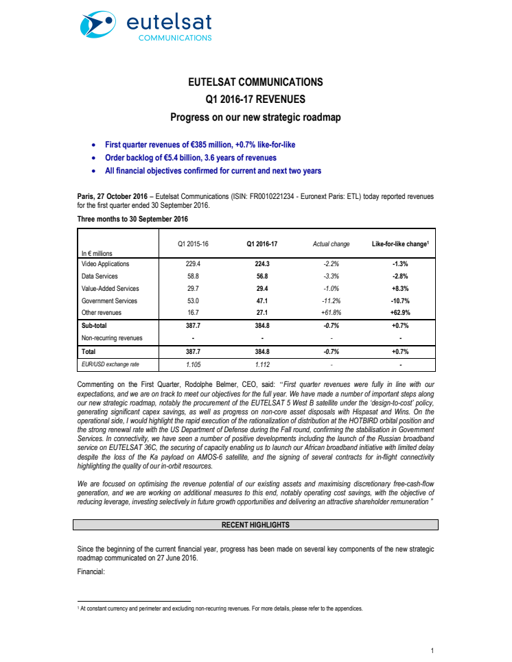 EUTELSAT COMMUNICATIONS Q1 2016-17 REVENUES