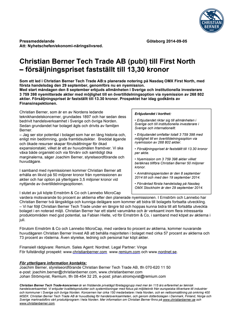 Christian Berner Tech Trade AB (publ) till First North – försäljningspriset fastställt till 13,30 kronor