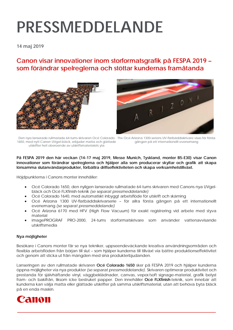 Canon visar innovationer inom storformatsgrafik på FESPA 2019 – som förändrar spelreglerna och stöttar kundernas framåtanda 