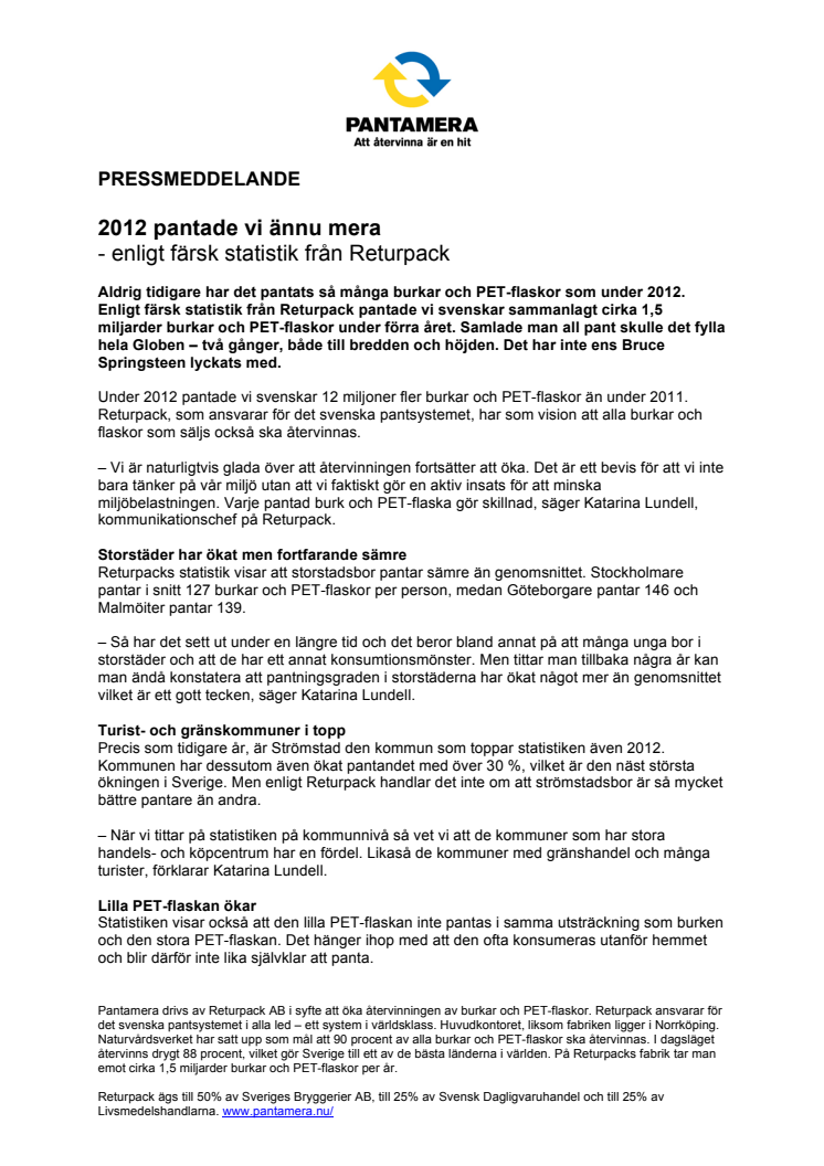 2012 pantade vi ännu mera - enligt färsk statistik från Returpack