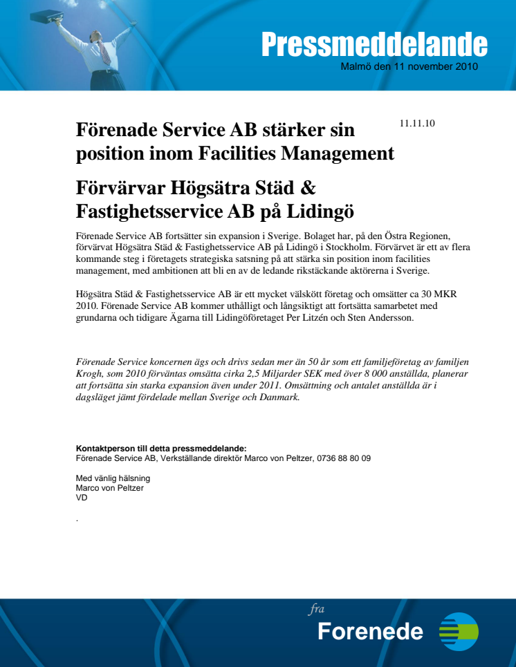 Förenade Service AB förvärvar Högsätra Städ & Fastighetsservice AB på Lidingö