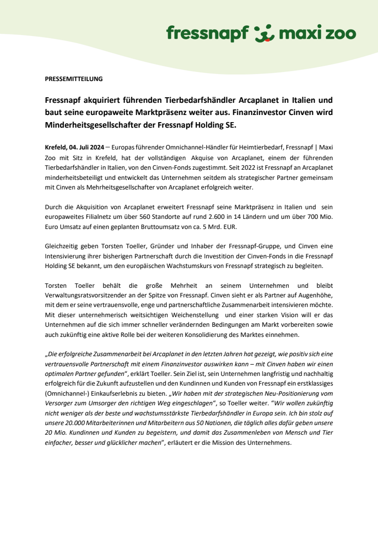 240704_Pressemeldung - Fressnapf übernimmt Arcaplanet. Cinven wird Gesellschafter.pdf