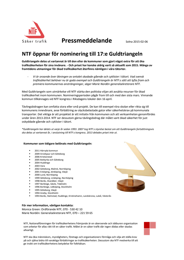 NTF öppnar för nominering till Guldtriangeln!